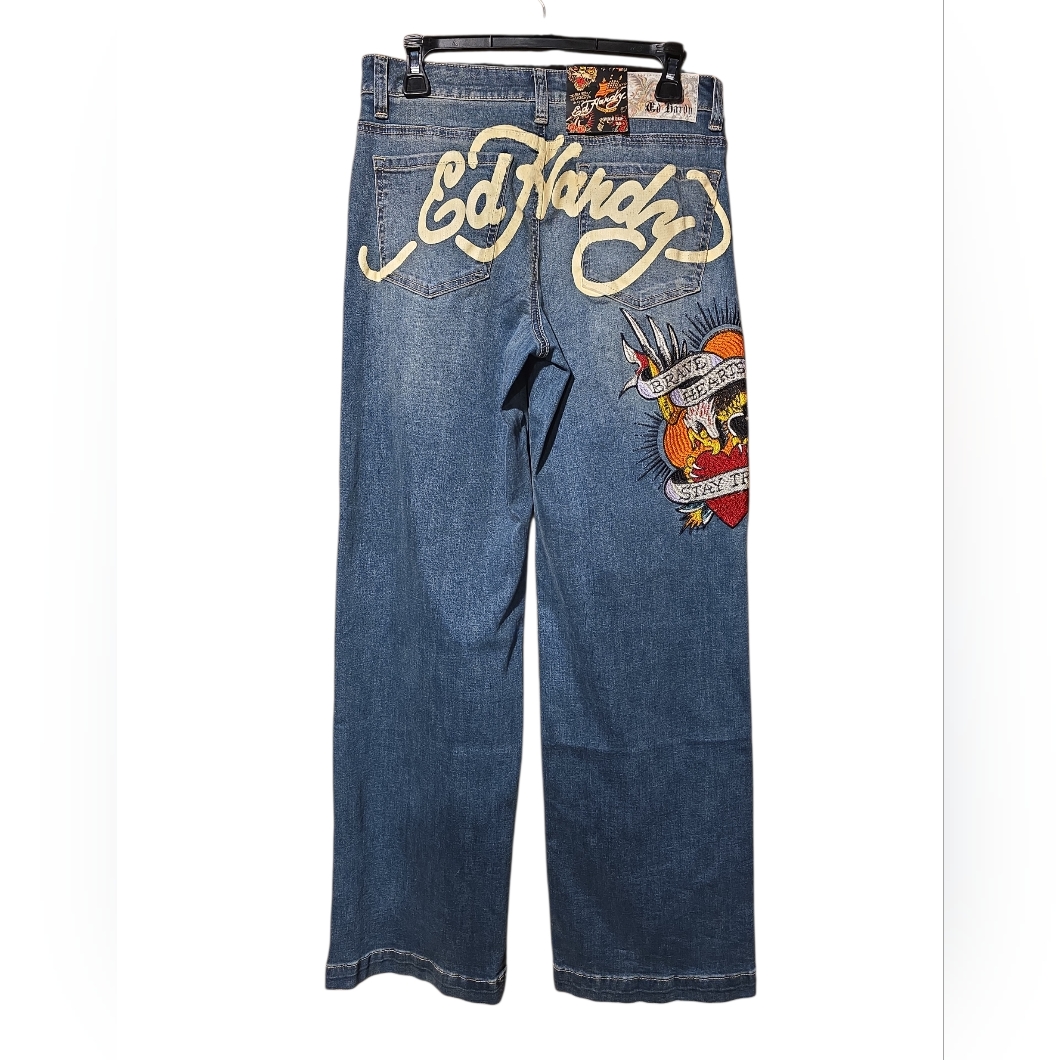 Ed Hardy Wide Leg Medium Blue Embroidered Brave Heart Graphic Womens Jeans Size